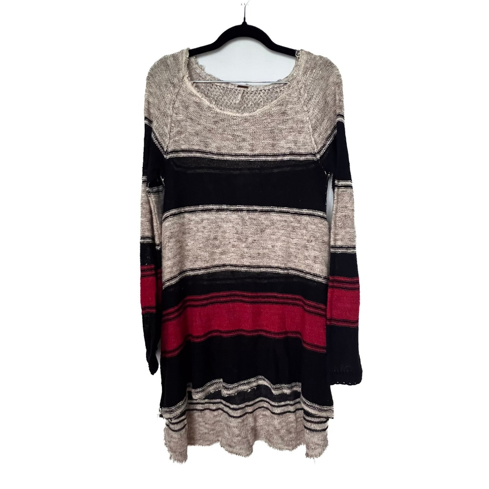 Free People Oversized Sweater Sz S Tan Red Striped Open Knit Crochet Boho Grunge